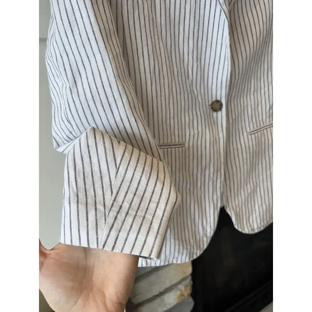 Abercrombie & Fitch Linen Blend Stripe Blazer S White Preppy Classic Career - Picture 2 of 11